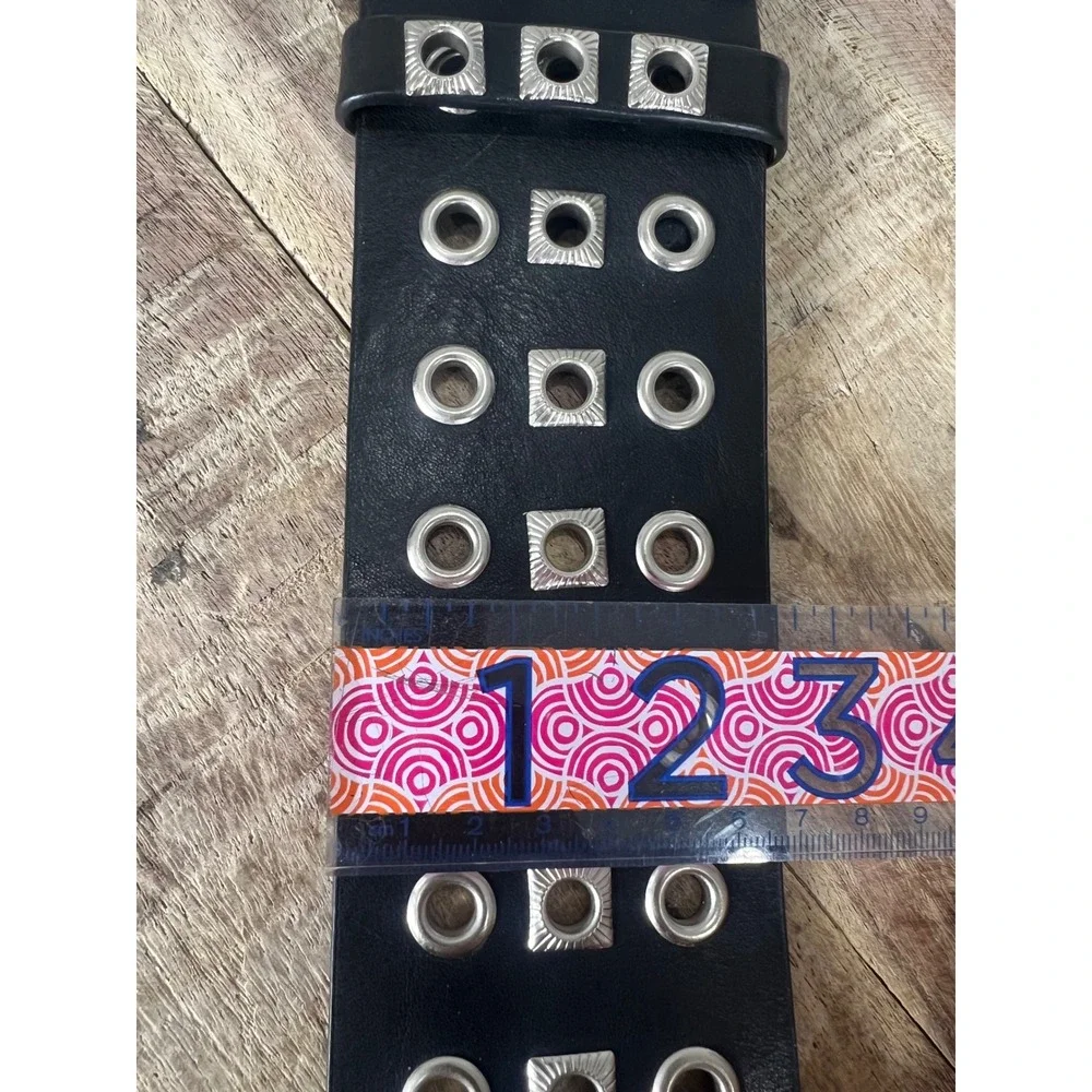 Black Faux Leather Wide Triple Row Grommet Square Stud Belt Double Prong Buckle